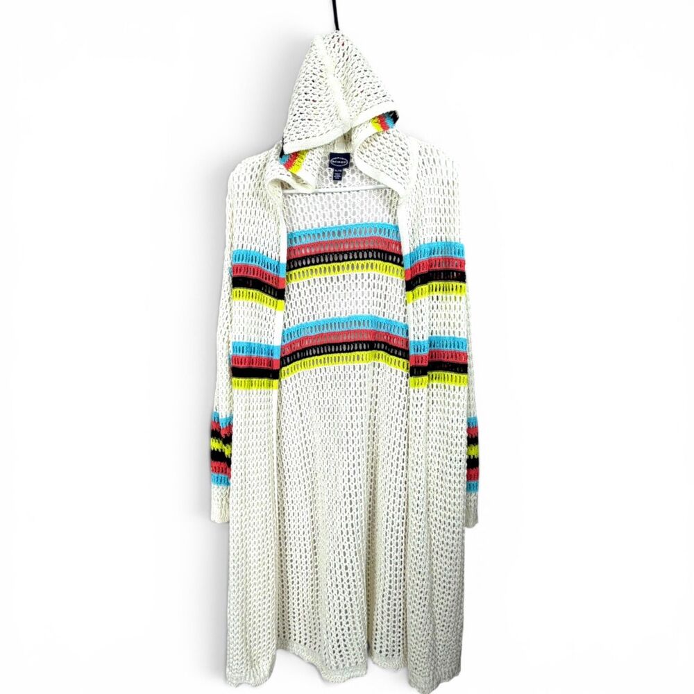 boho chunky crochet hooded duster cardigan coverup rainbow trim festival cozy xl - Picture 2 of 6